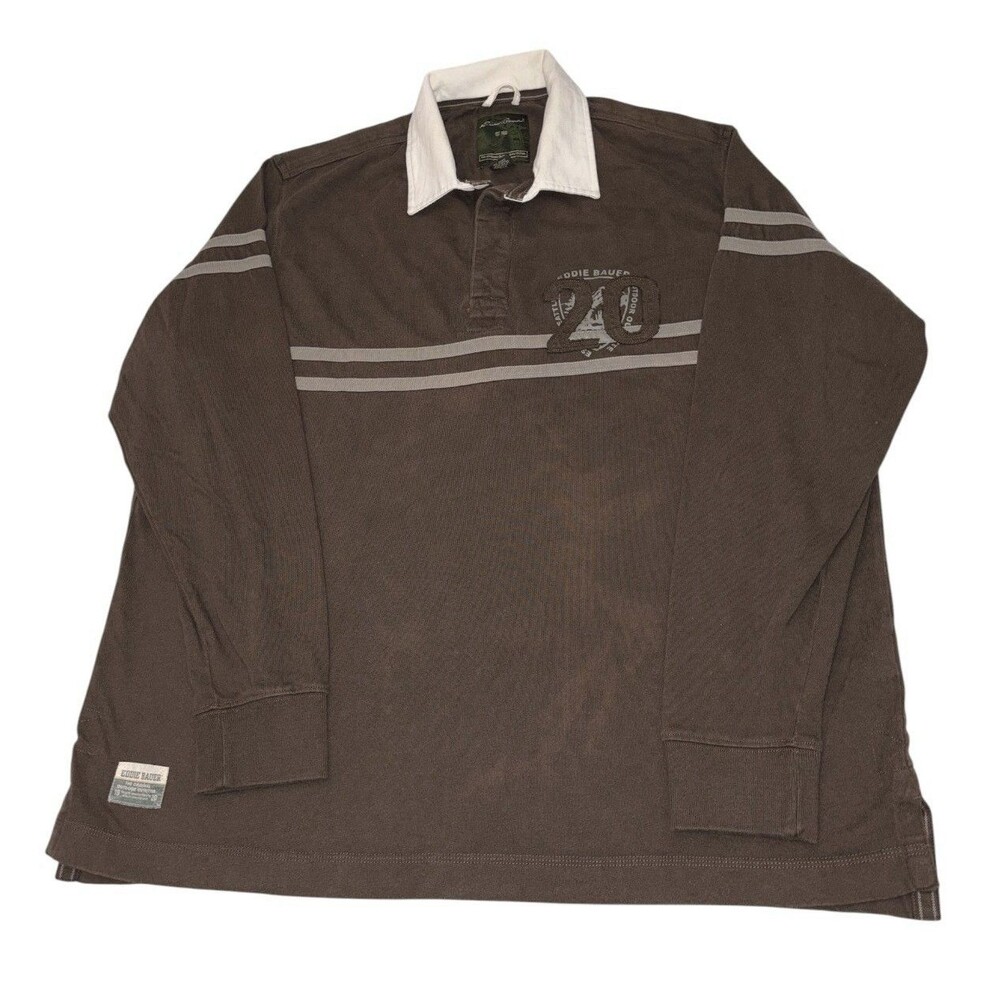 Eddie Bauer Rugby Polo Shirt Mens XXL 2XL Brown Striped Long Sleeve Vintage